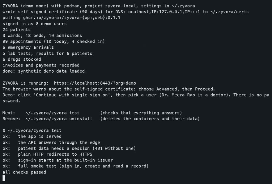 Terminal output of the installer ending with: ZYVORA is running, then all checks passed