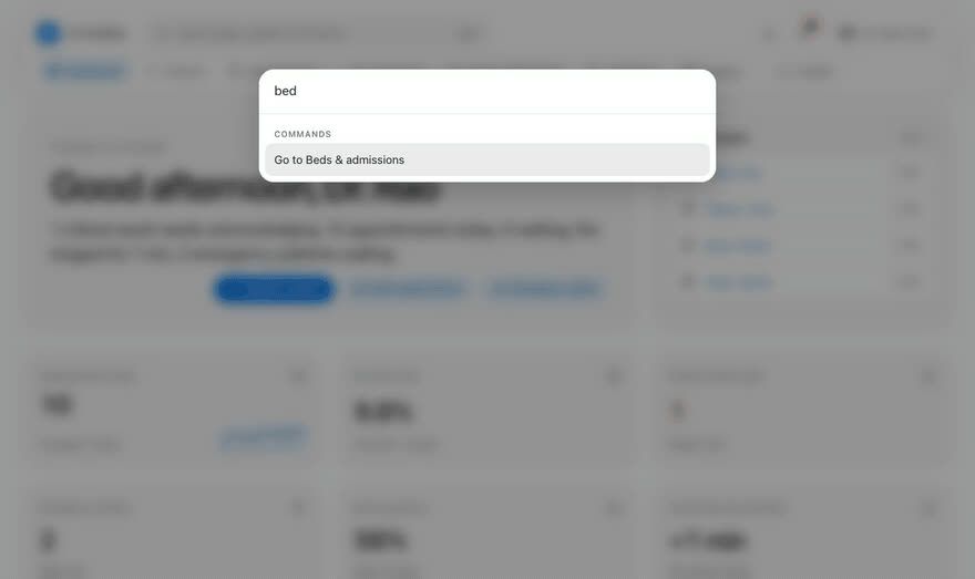 The command palette finding Beds and admissions as the word bed is typed
