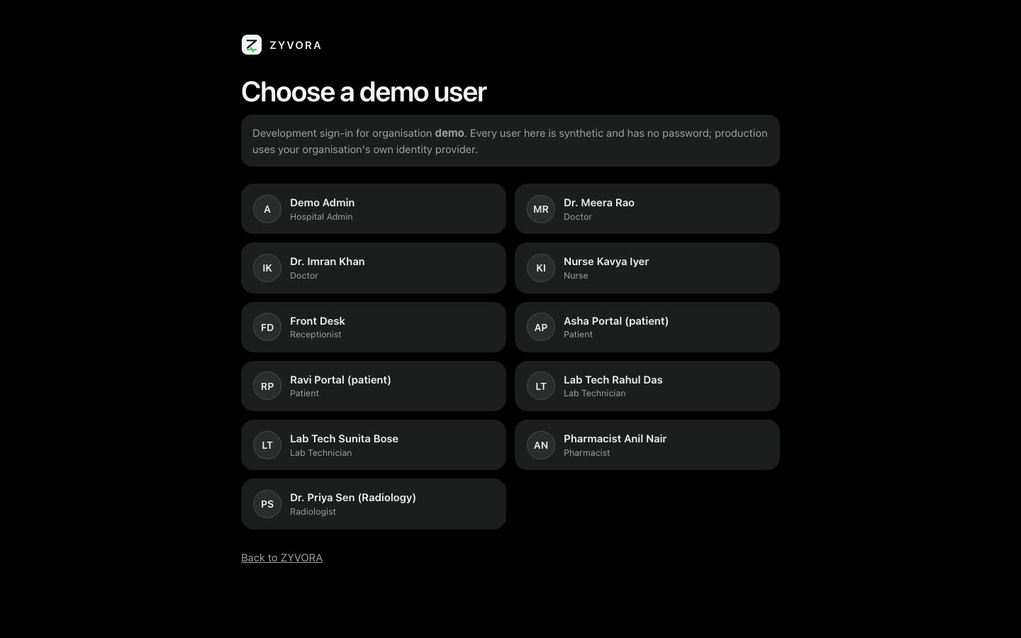 The Choose a demo user page with Dr. Meera Rao, Dr. Imran Khan, Nurse Kavya Iyer and others