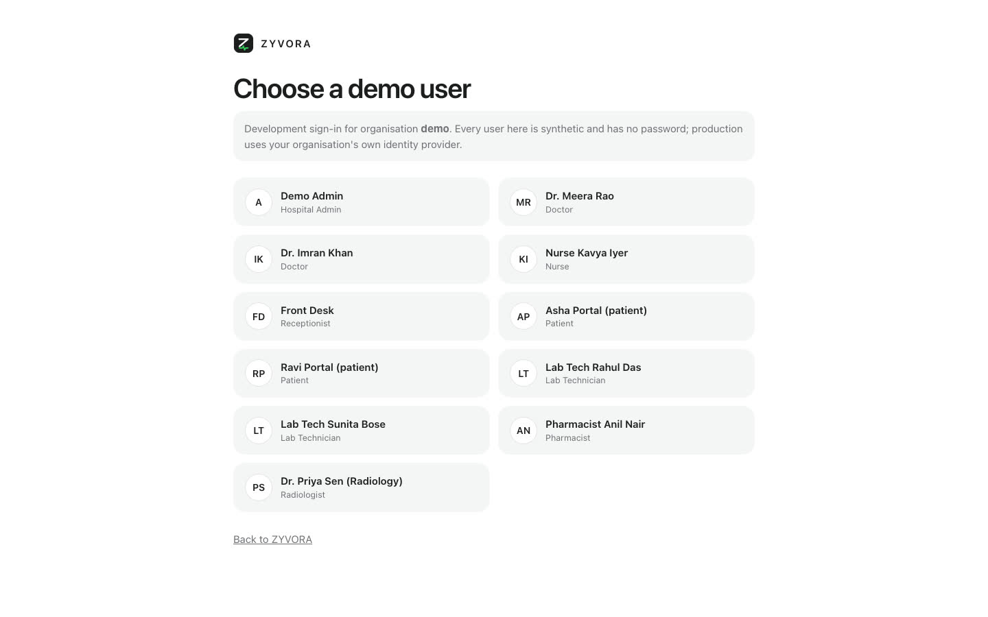 The Choose a demo user page with Dr. Meera Rao, Dr. Imran Khan, Nurse Kavya Iyer and others